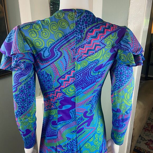 Vintage 70s Gay Gibson Psychedelic Ruffle Flutter Sleeve Maxi Dress Abstract S/M - Picture 10 of 15
